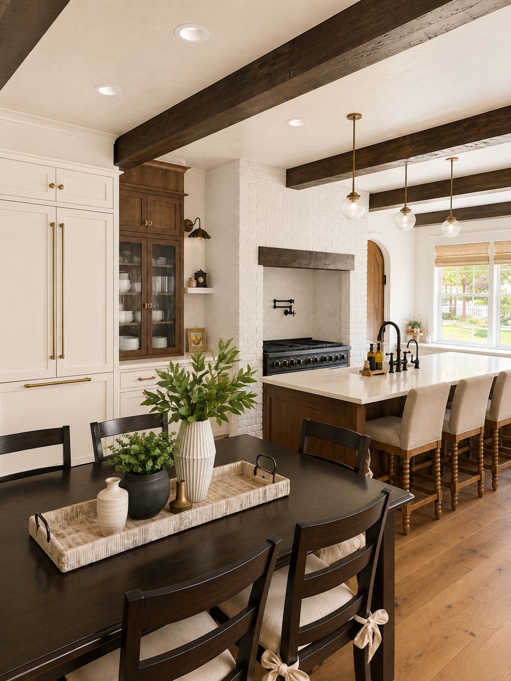 Open kitchen and dining remodel with custom beams by Big Rig Construction