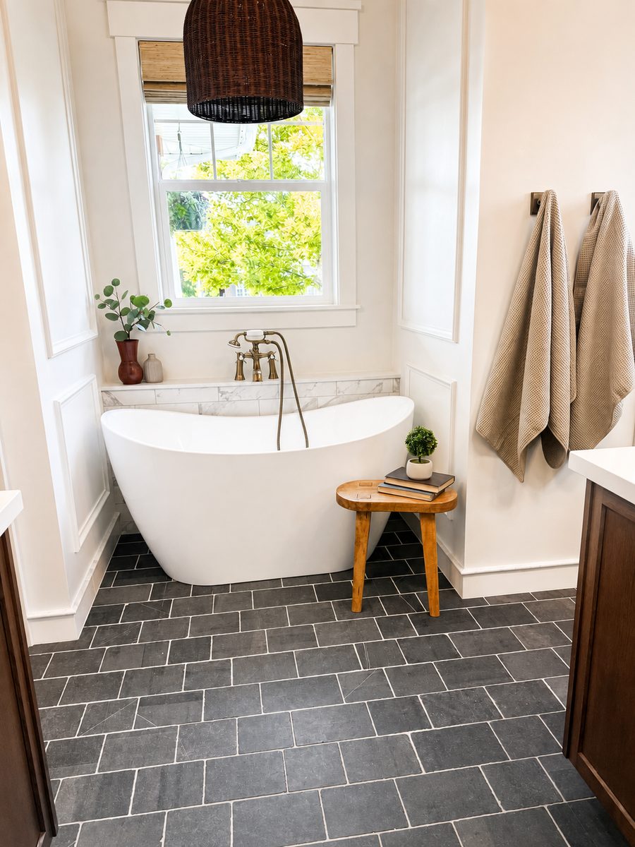 Freestanding soaking tub and tile floor from a bathroom remodel by Big Rig Construction