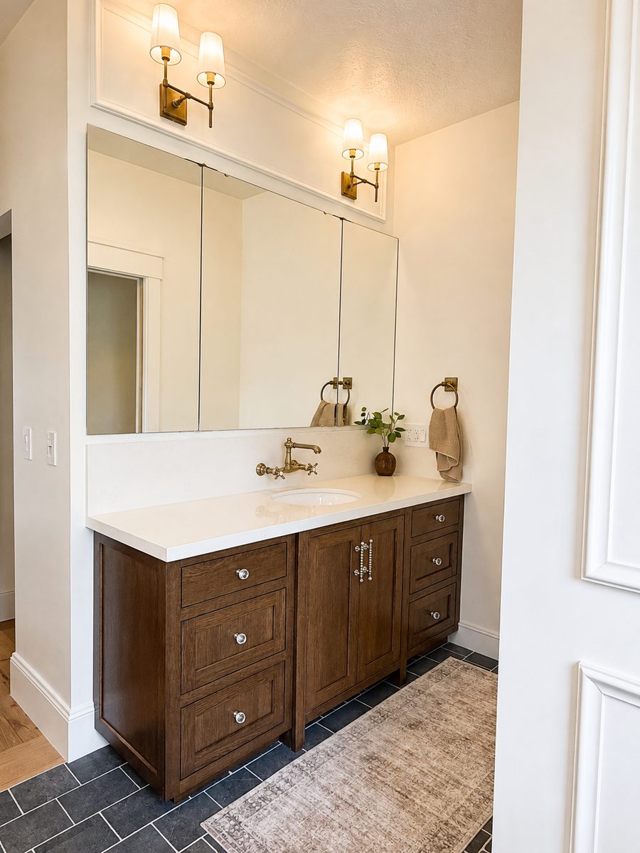 Custom bathroom vanity built as part of a full home build by Big Rig Construction