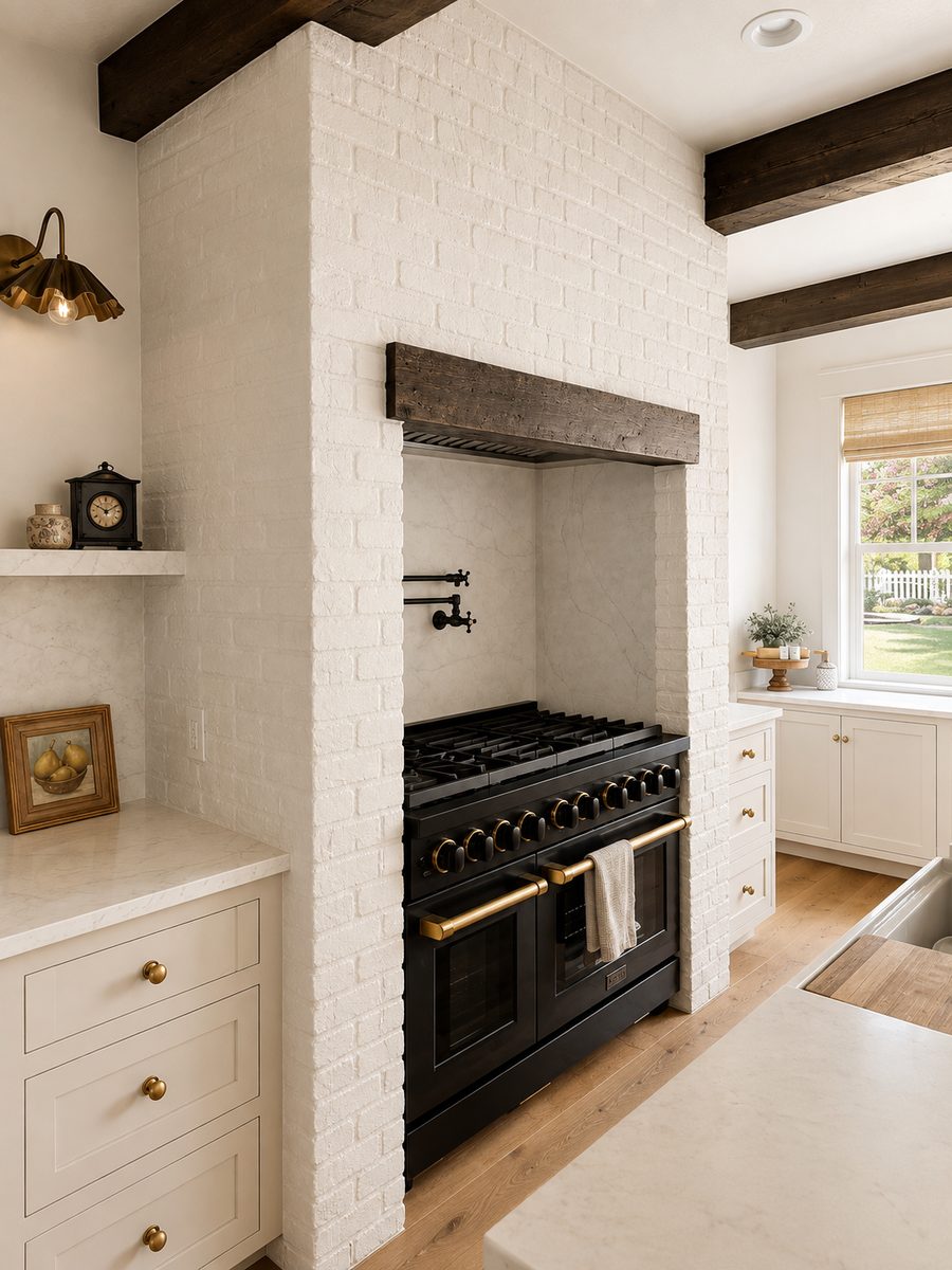 Custom kitchen remodel with brick range hood and wood beams by Big Rig Construction