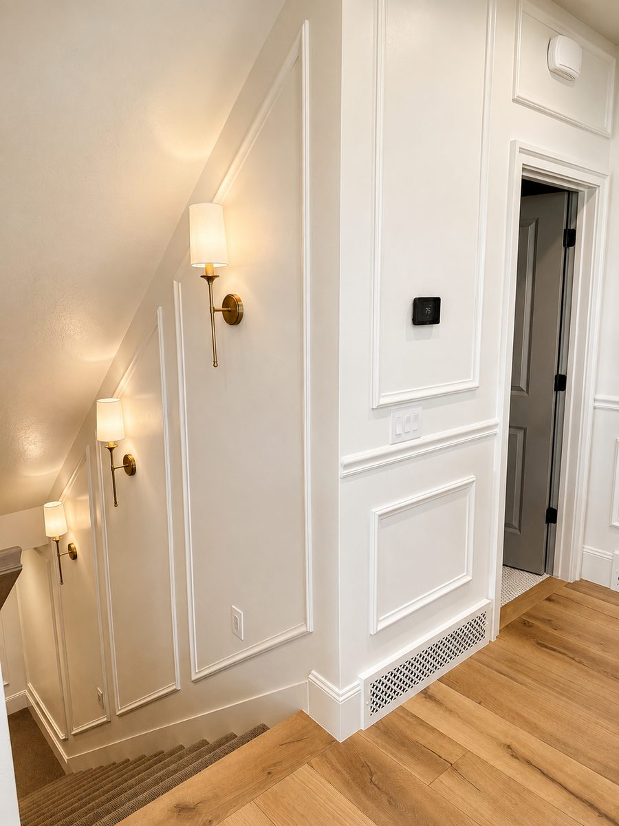 Custom hallway millwork and staircase finish carpentry by Big Rig Construction